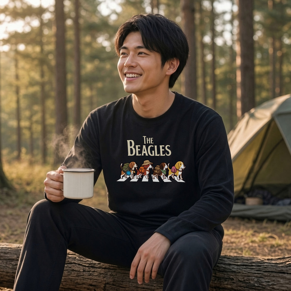 THE BEAGLES ビーグル犬散歩デザイン ホワイト長袖Tシャツ
