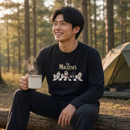 THE MALTESES マルチーズ散歩デザイン ブラック長袖Tシャツ