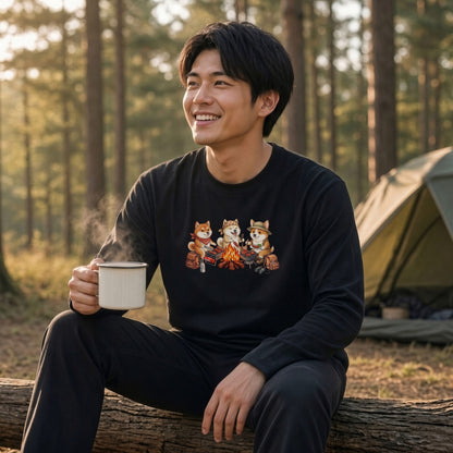 柴犬たちの焚き火BBQ 長袖Tシャツ