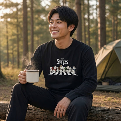 THE SPITZS 日本スピッツ散歩デザイン ブラック長袖Tシャツ
