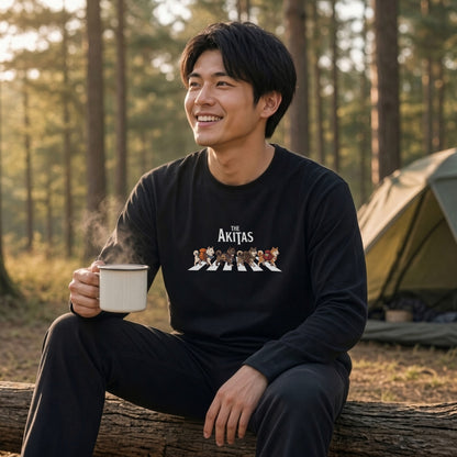 THE AKITAS | 秋田犬 横断歩道 バンド風 ロンT 長袖Tシャツ 日本犬 犬好き ロック【秋田犬グッズ・愛犬家・散歩・おもしろ・かわいい・誕生日ギフトに最適】