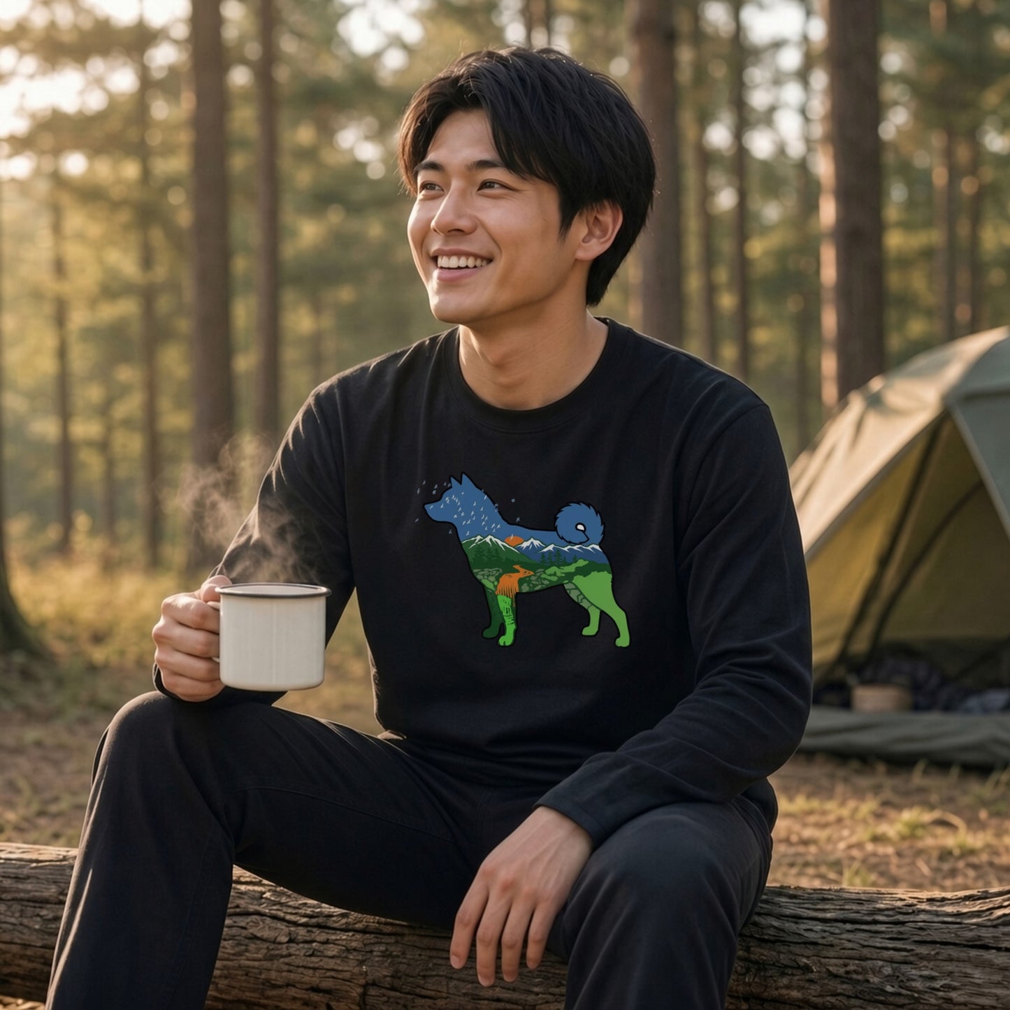 NATURE DOG ロンT | 日本犬シルエット 山と森 アートグラフィック 長袖 カジュアル Tシャツ【ドッグウェア・普段着・ルームウェア・ユニセックス・ギフトに最適】