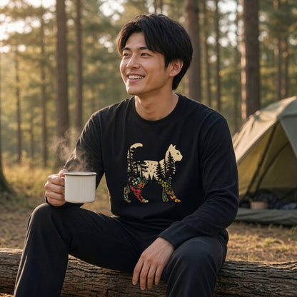 FOREST CAT ロンT | レトロ ボタニカルキャット アートグラフィック 長袖 カジュアル Tシャツ【猫ファッション・普段着・ルームウェア・ユニセックス・ギフトに最適】