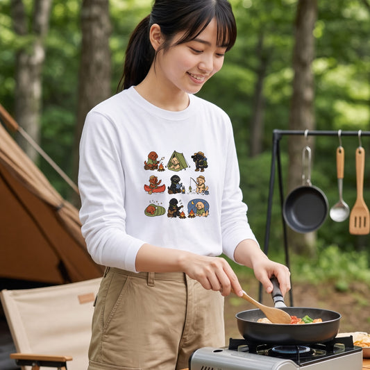 POODLE CAMP | 手描き風 トイプードル キャンプギア かわいい グラフィック 長袖Tシャツ【犬雑貨・秋キャンプ・ルームウェア・ギフトに最適】