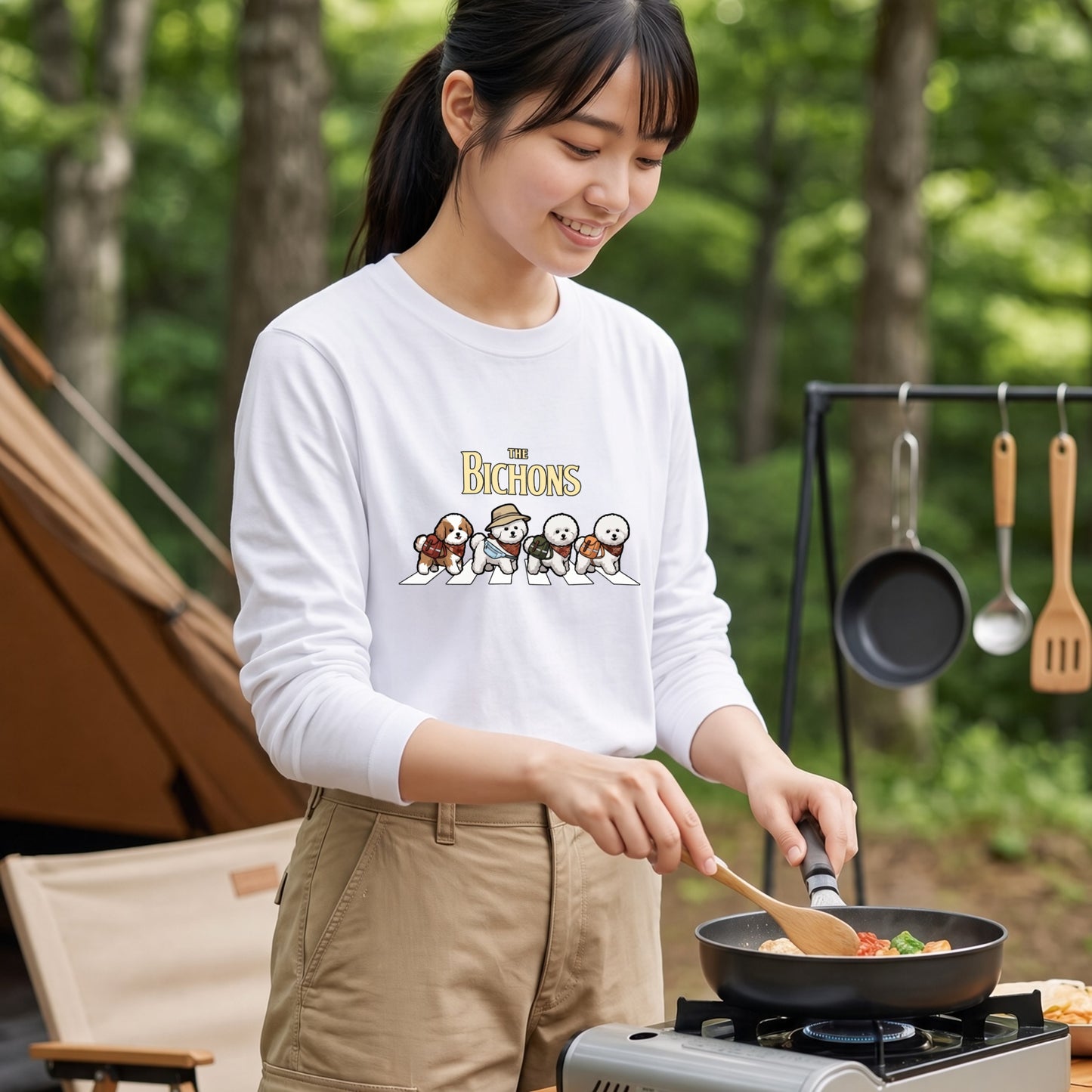 THE BICHONS ビションフリーゼ散歩デザイン ブラック長袖Tシャツ