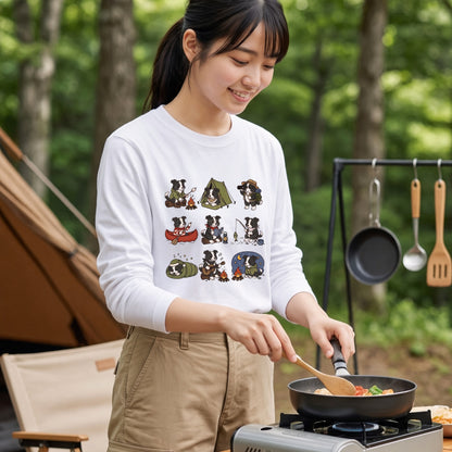 BORDER COLLIE CAMP | 手描き風 ボーダーコリー キャンプギア かわいい グラフィック 長袖Tシャツ【犬雑貨・秋キャンプ・ルームウェア・ギフトに最適】