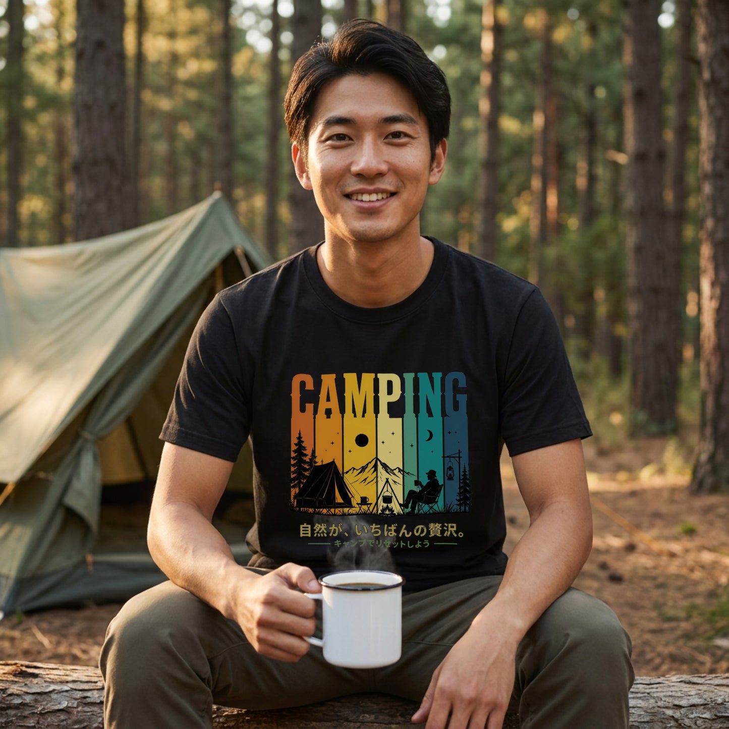 【自然は最高の贅沢です。】レトロサンセットキャンプ白黒Tシャツ｜CAMPMODE
