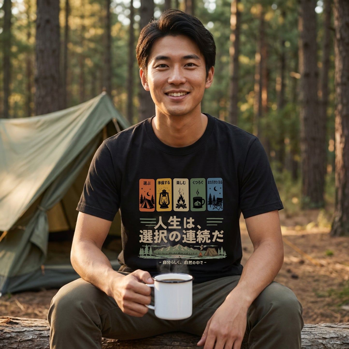 自分らしく、自然の中で。おしゃれな日本語カンジ黒Tシャツ | CAMPMODE