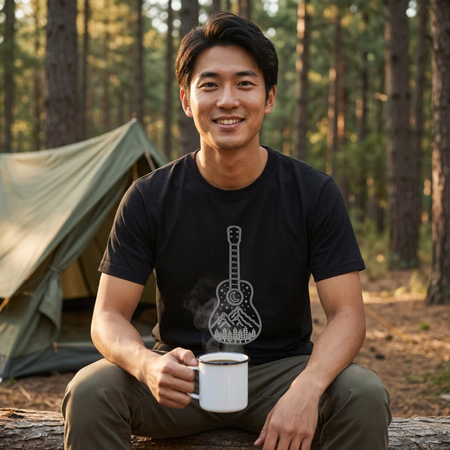 【ギター＆山・星空デザイン】おしゃれキャンプ黒Tシャツ | CAMPMODE