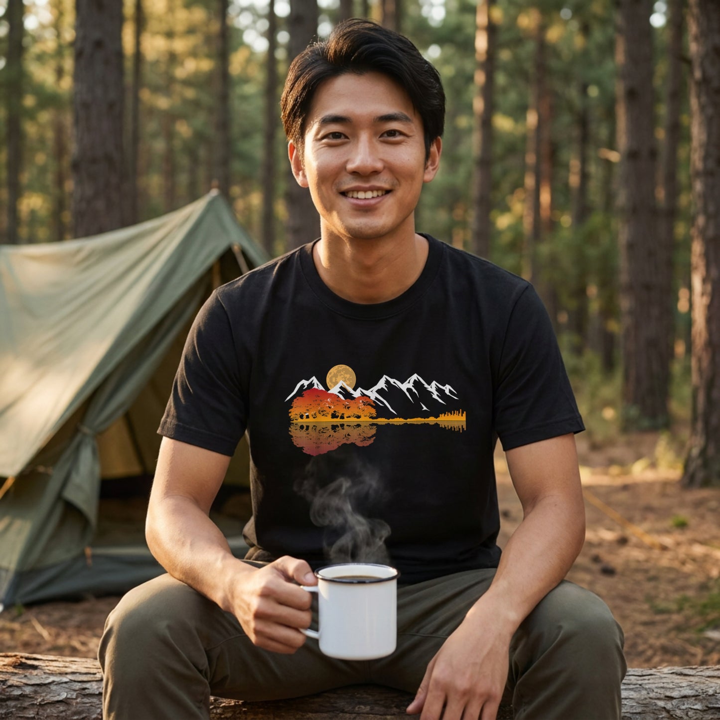 【ギター＆秋の紅葉・水面リフレクション】おしゃれキャンプ黒Tシャツ | CAMPMODE