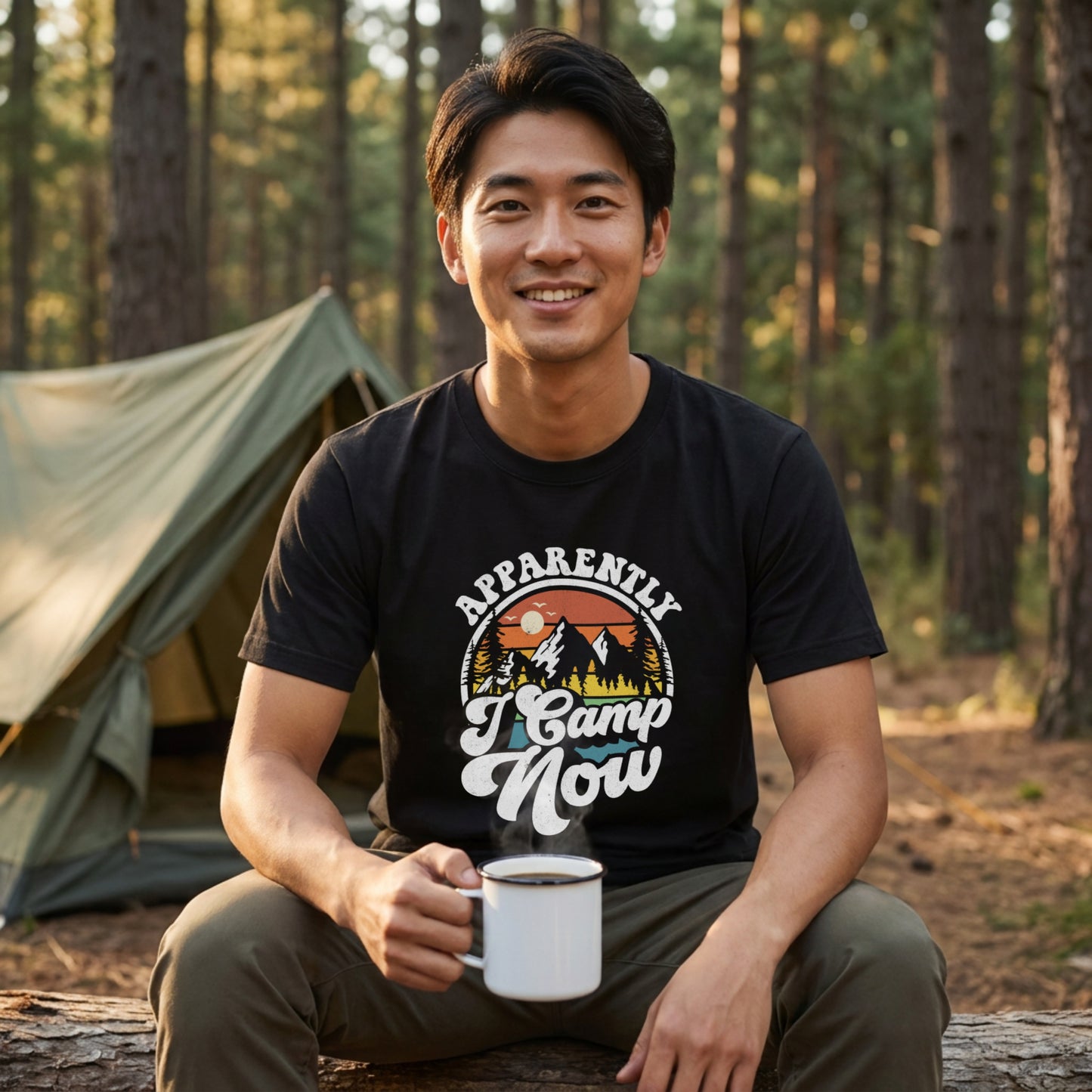 【Apparently I Camp Now】ヴィンテージサンセット 山脈アウトドア黒Tシャツ | CAMPMODE