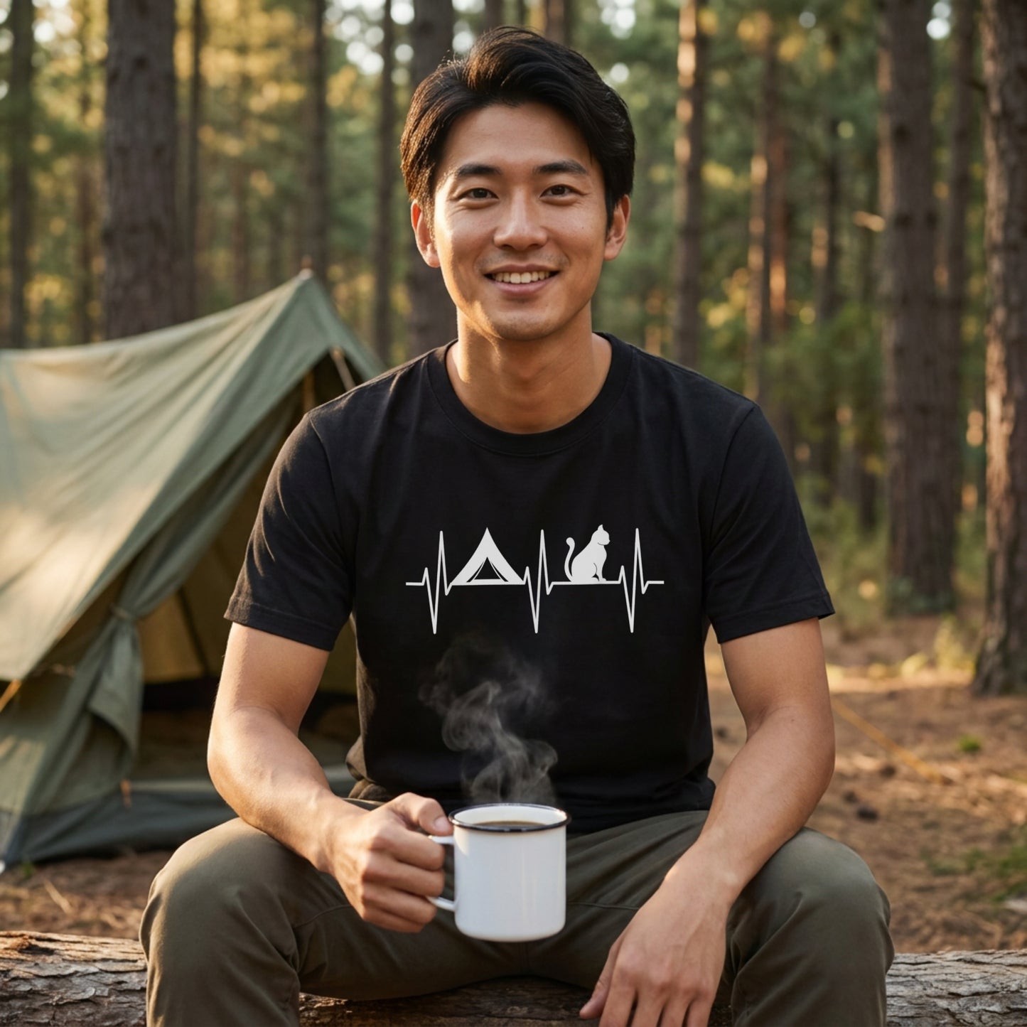 【心電図×テント×猫】キャンプ＆ネコ好き ハートビートグラフィック黒Tシャツ | CAMPMODE