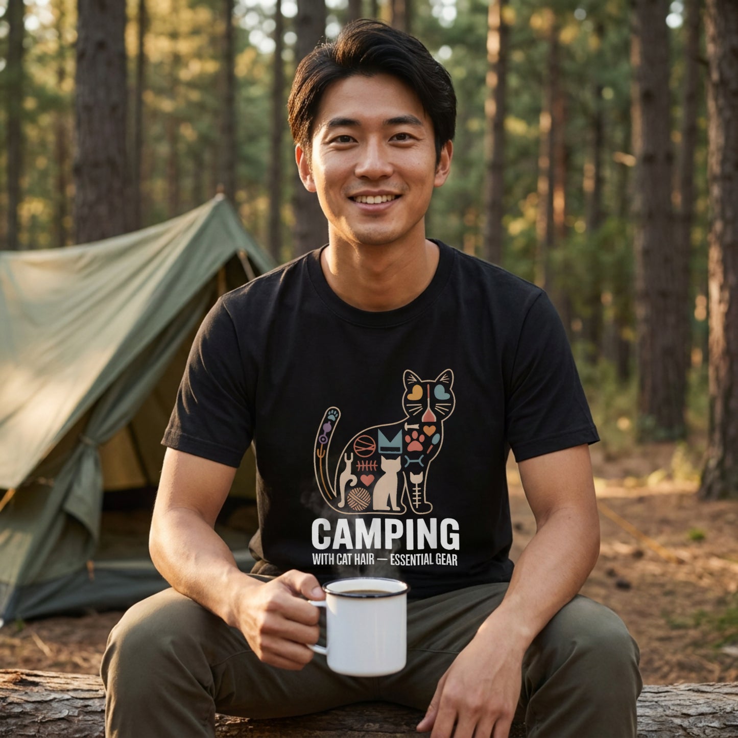 【猫の毛は必須ギア】CAMPING WITH CAT HAIR モザイク猫グラフィック黒Tシャツ | CAMPMODE