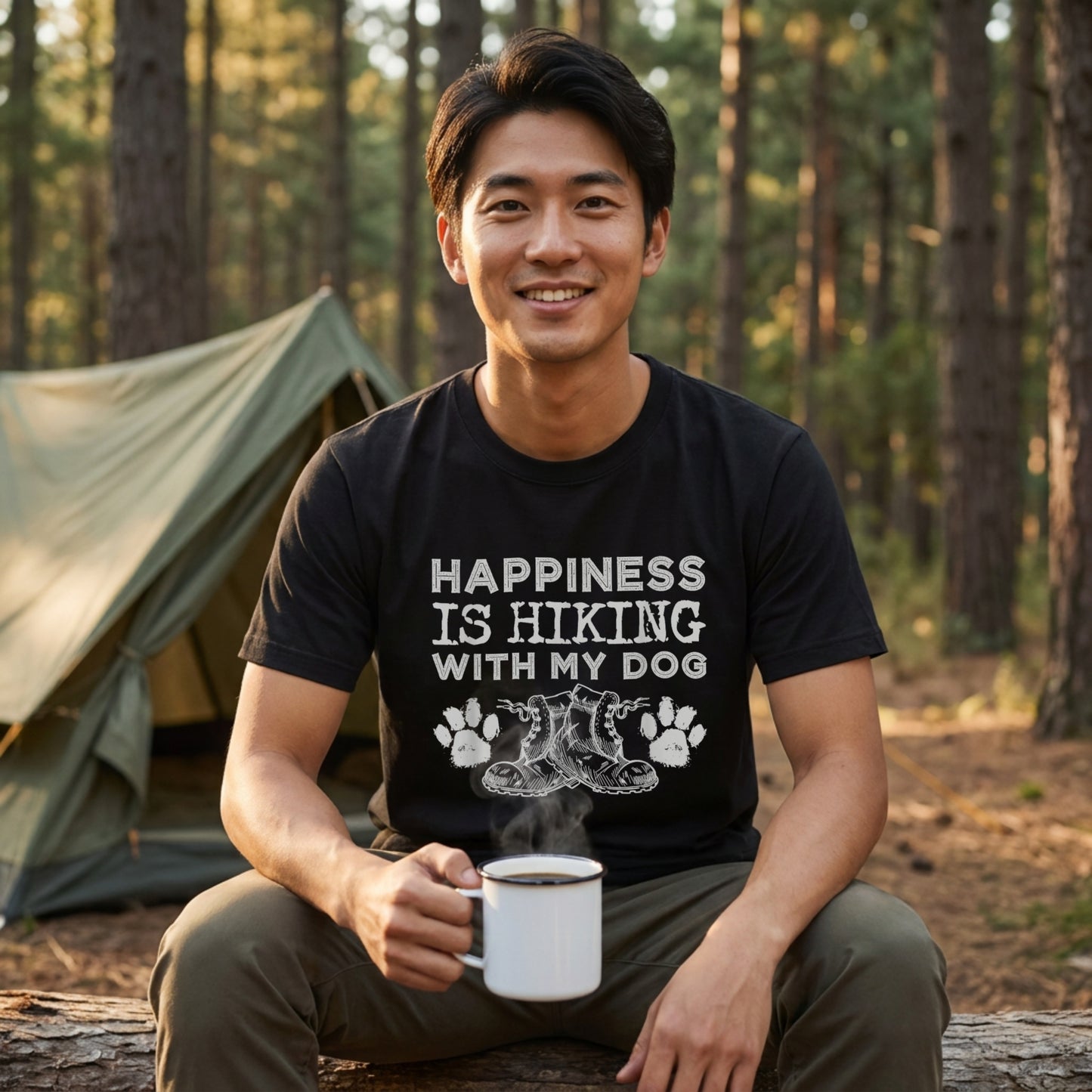 Happiness is Hiking with My Dog Tシャツ ｜ 犬好き・愛犬・登山・ハイキング・アウトドアに人気