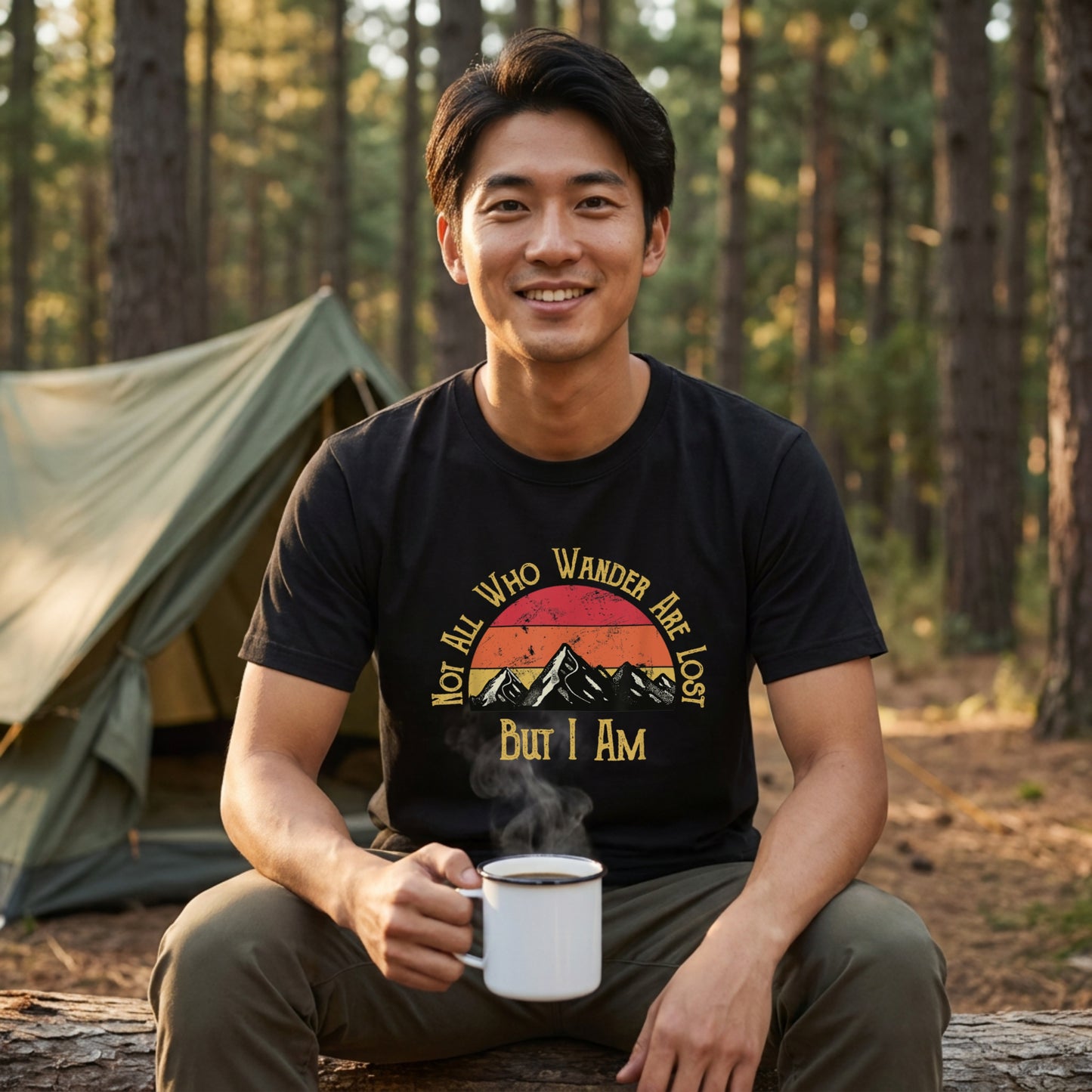 【Not All Who Wander】自虐ユーモア＆レトロ山脈 アメカジ黒Tシャツ | CAMPMODE