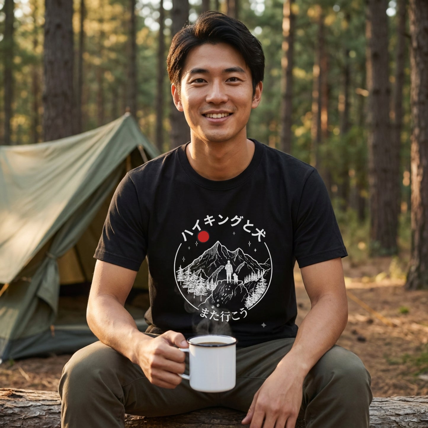 【ハイキングと犬】富士山デザイン「また行こう」黒Tシャツ | CAMPMODE