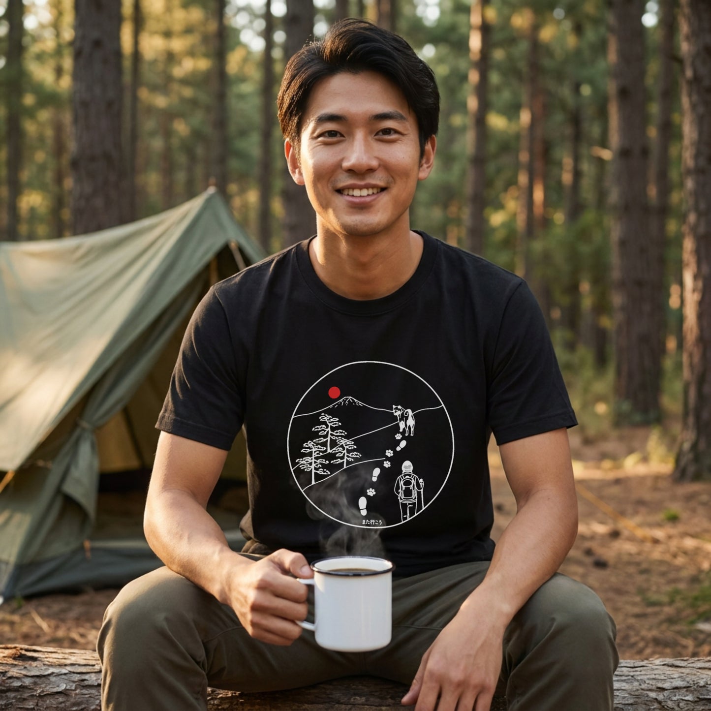 【足跡ロード×富士山】愛犬と歩くハイキング黒Tシャツ | CAMPMODE
