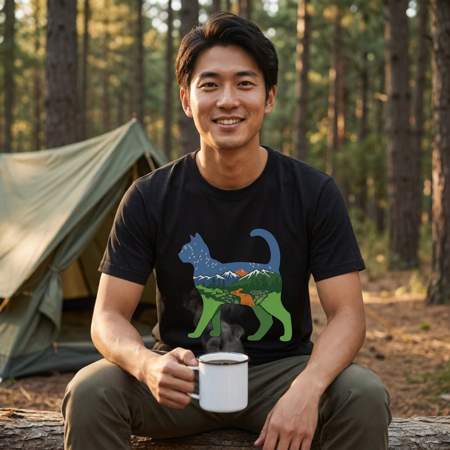 猫と自然風景ダブルエスポージャーTシャツ | CAMPMODE