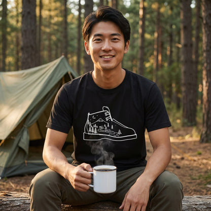 【登山靴・星空と山】ハイキング風景 黒Tシャツ | CAMPMODE