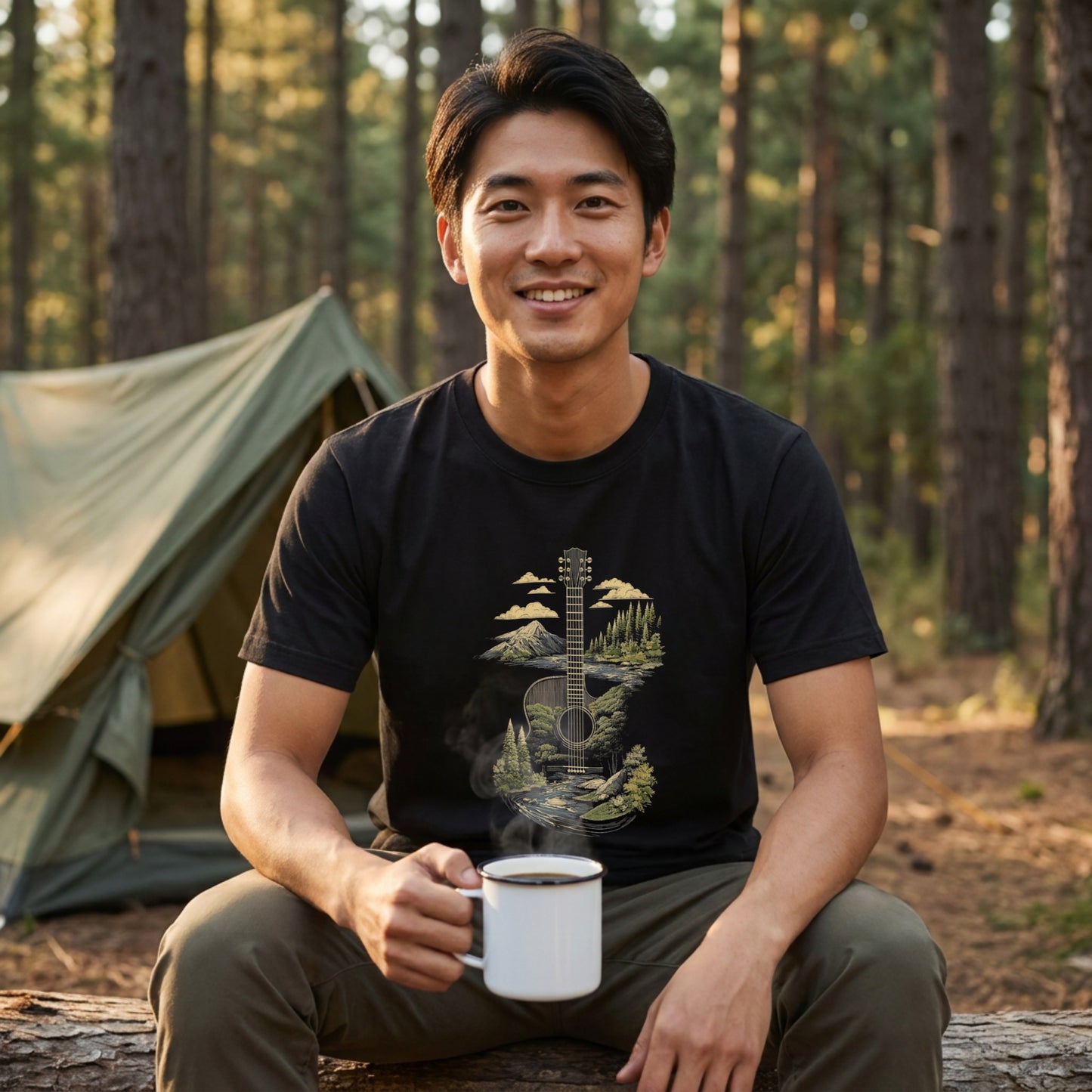 【縦型ギター＆渓流・森・山並み】おしゃれキャンプ黒Tシャツ | CAMPMODE
