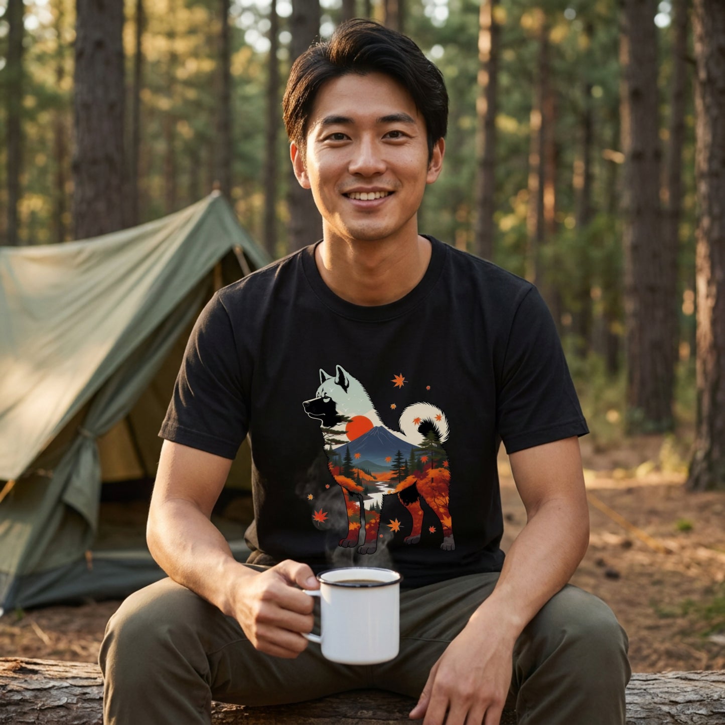 【Akita】日本犬好き＆アウトドア愛好者必見！秋田犬風景白Tシャツ