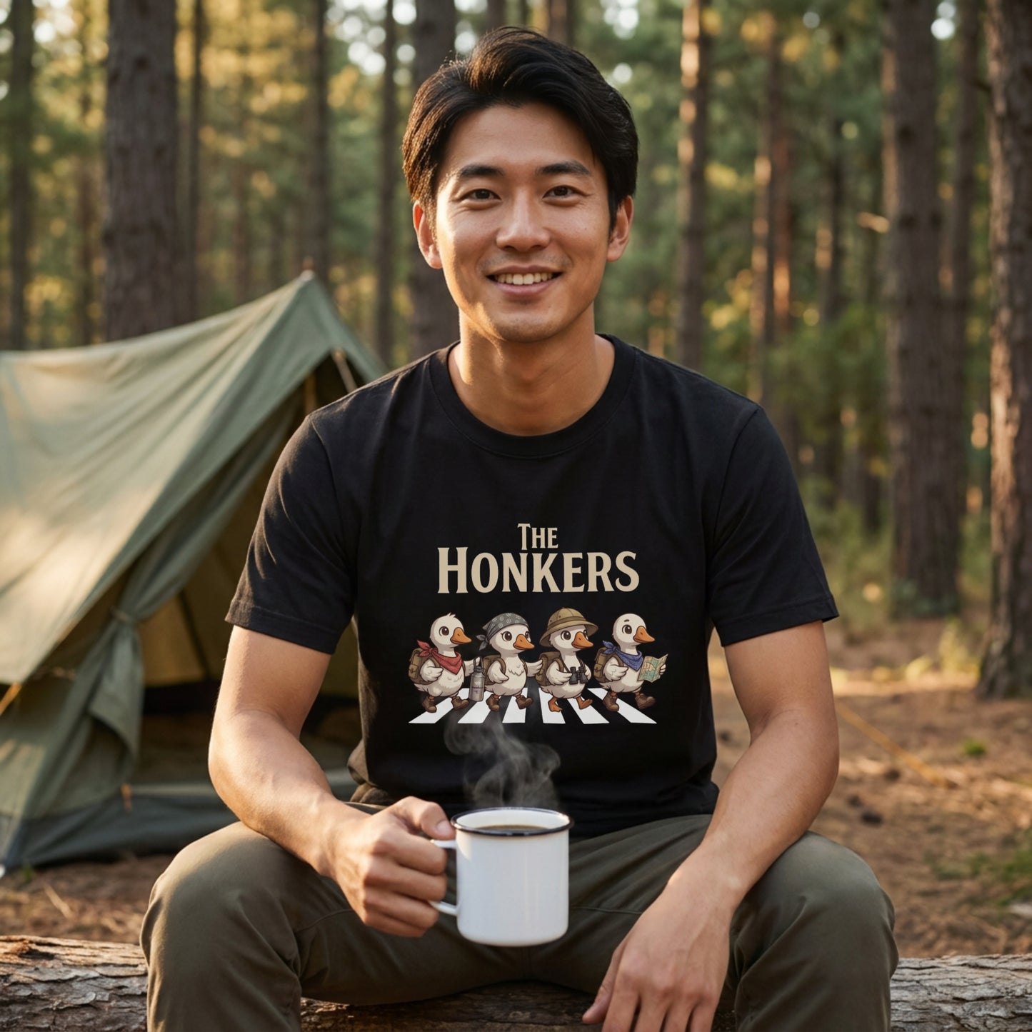 THE HONKERS | 横断歩道 ゆるかわ アヒル キャンプ パロディTシャツ【アヒル好き・アウトドア・ギフトに最適】