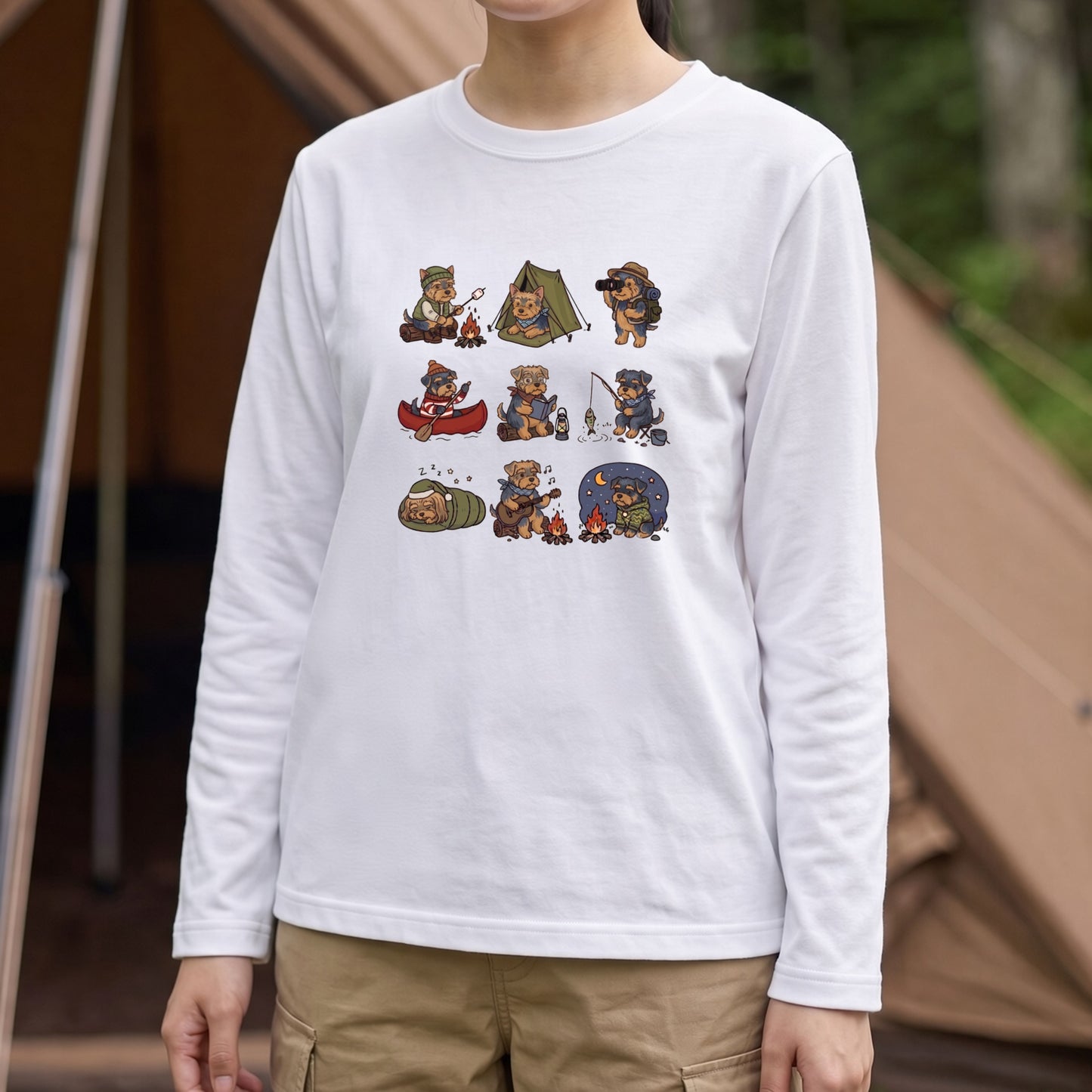 YORKIE CAMP | 手描き風 ヨーキー キャンプギア かわいい グラフィック 長袖Tシャツ【犬雑貨・秋キャンプ・ルームウェア・ギフトに最適】