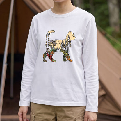 FOREST CAT ロンT | レトロ ボタニカルキャット アートグラフィック 長袖 カジュアル Tシャツ【猫ファッション・普段着・ルームウェア・ユニセックス・ギフトに最適】