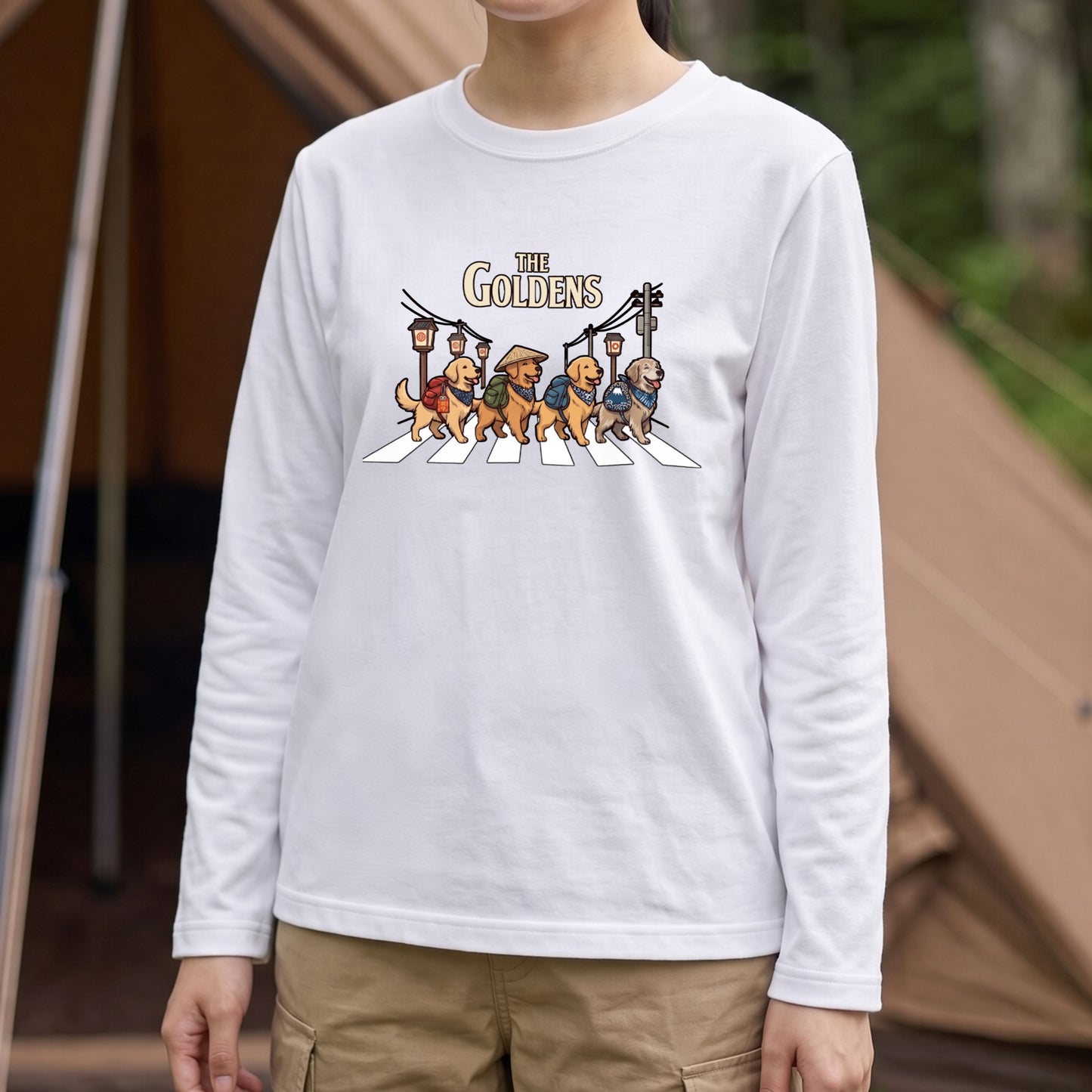 THE GOLDENS ゴールデンレトリバー散歩デザイン ブラック長袖Tシャツ