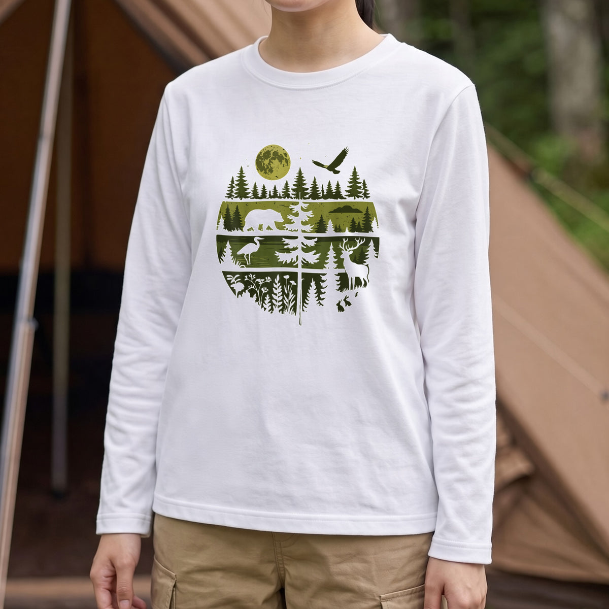 WILDLIFE FOREST ロンT | レトロ サークルグラフィック 森林浴 長袖 カジュアル Tシャツ【アウトドアファッション・普段着・ルームウェア・ユニセックス・ギフトに最適】