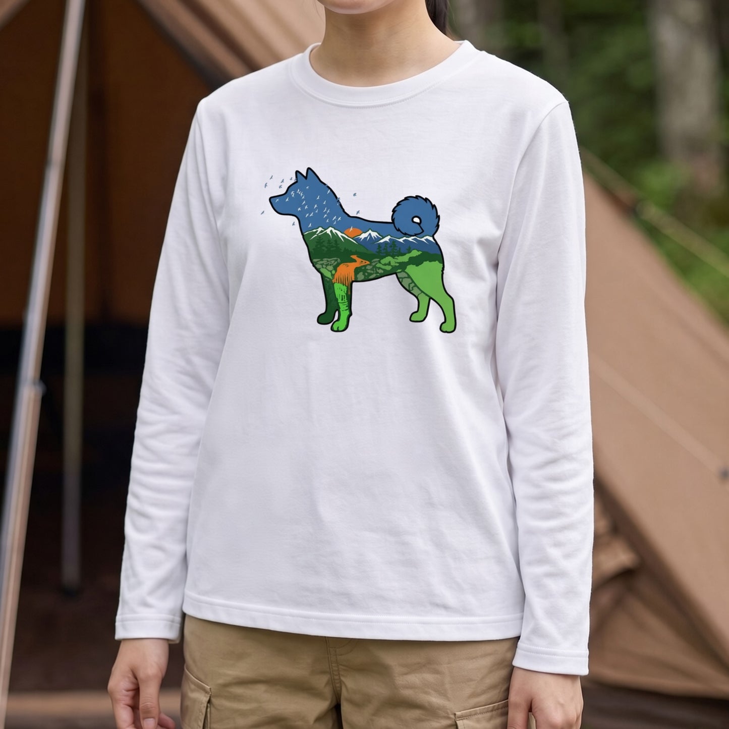 NATURE DOG ロンT | 日本犬シルエット 山と森 アートグラフィック 長袖 カジュアル Tシャツ【ドッグウェア・普段着・ルームウェア・ユニセックス・ギフトに最適】
