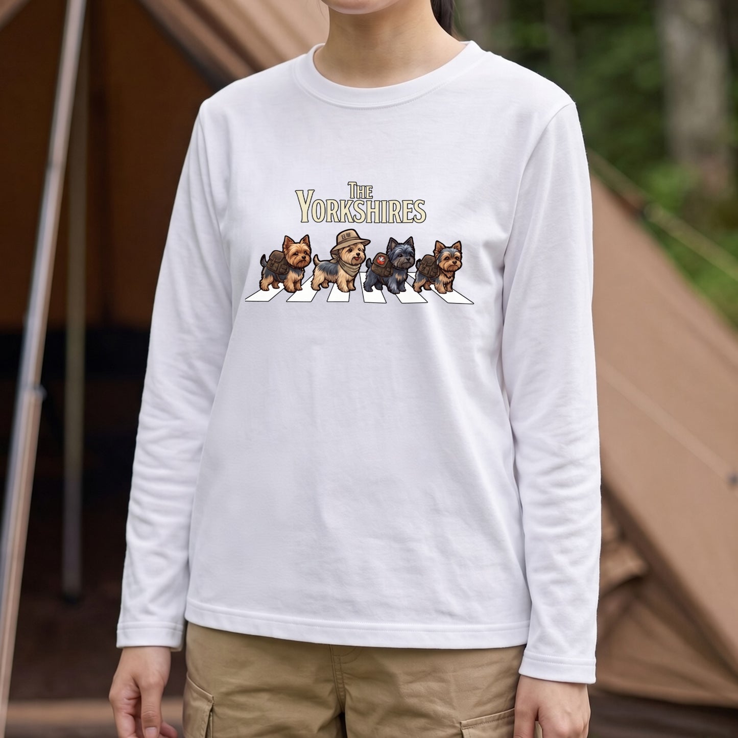 THE YORKSHIRES ヨークシャーテリア散歩デザイン ブラック長袖Tシャツ