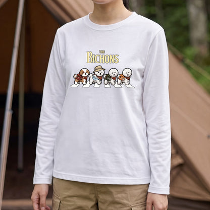THE BICHONS ビションフリーゼ散歩デザイン ブラック長袖Tシャツ