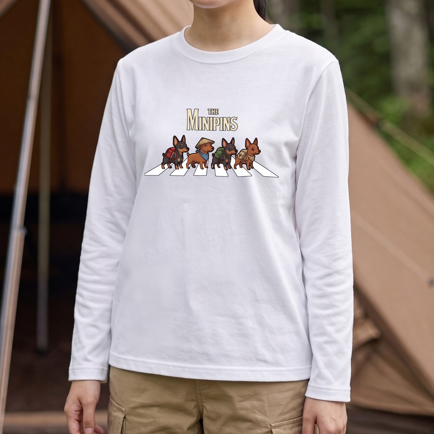 THE MINIPINS ミニチュアピンシャー散歩デザイン ブラック長袖Tシャツ
