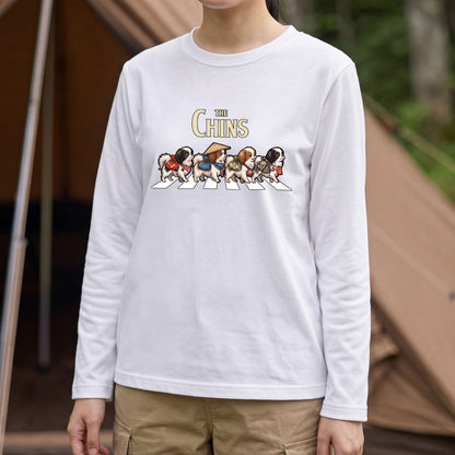 THE CHINS 狆（ちん）散歩デザイン ブラック長袖Tシャツ