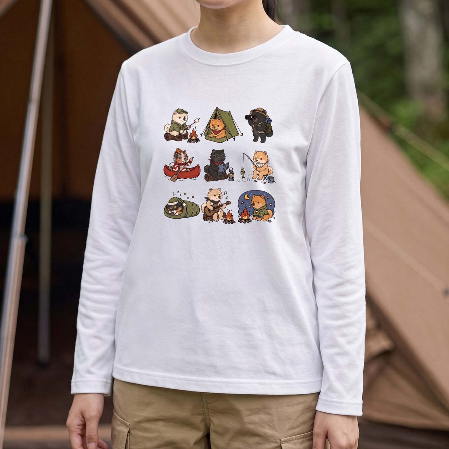POMERANIAN CAMP | 手描き風 ポメラニアン キャンプギア かわいい グラフィック 長袖Tシャツ【犬雑貨・秋キャンプ・ルームウェア・ギフトに最適】