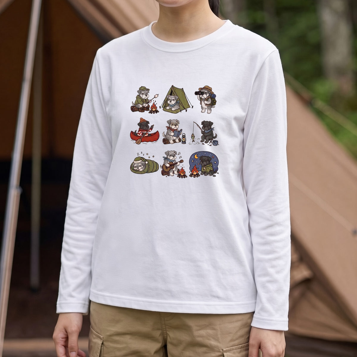 SCHNAUZER CAMP | 手描き風 シュナウザー キャンプギア かわいい グラフィック 長袖Tシャツ【犬雑貨・秋キャンプ・ルームウェア・ギフトに最適】