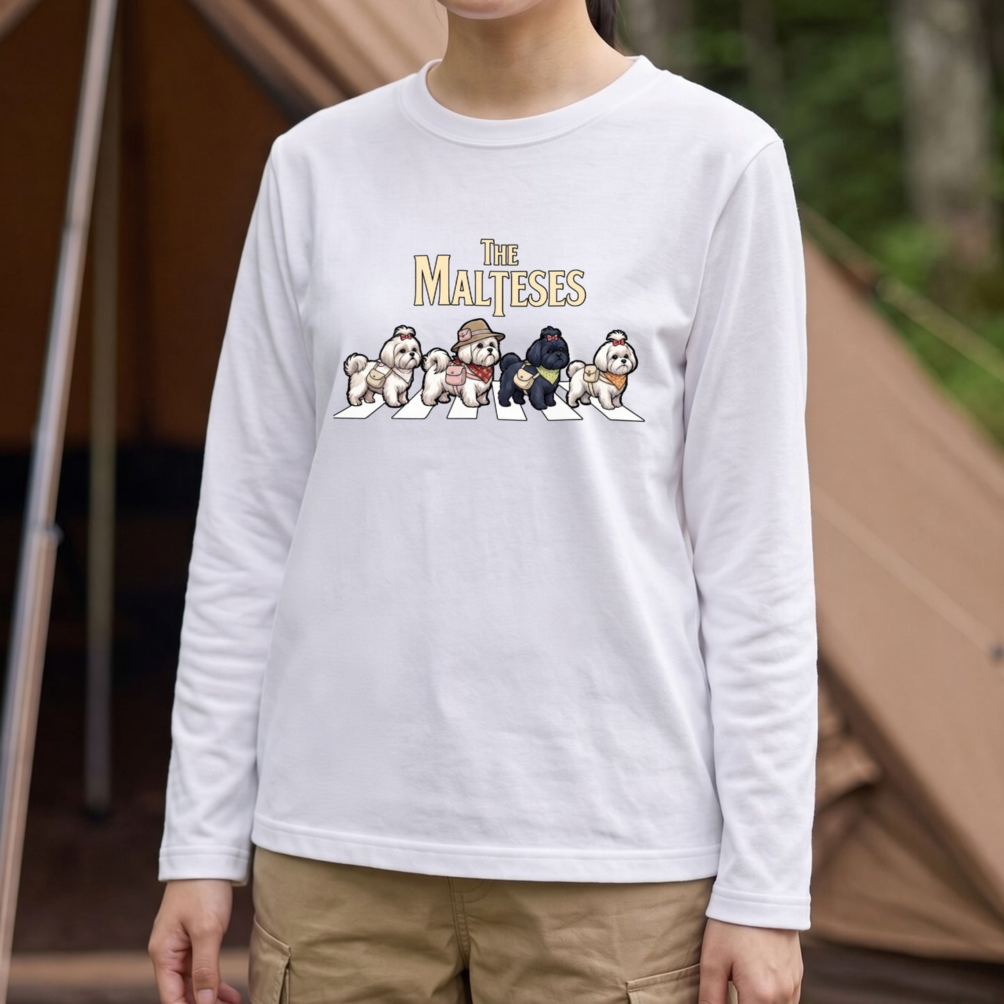 THE MALTESES マルチーズ散歩デザイン ブラック長袖Tシャツ
