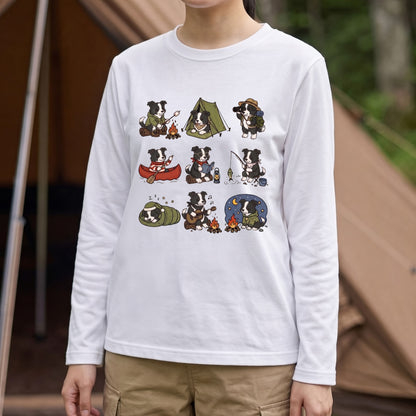 BORDER COLLIE CAMP | 手描き風 ボーダーコリー キャンプギア かわいい グラフィック 長袖Tシャツ【犬雑貨・秋キャンプ・ルームウェア・ギフトに最適】