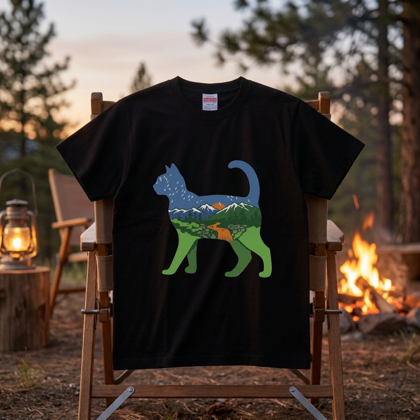 猫と自然風景ダブルエスポージャーTシャツ | CAMPMODE