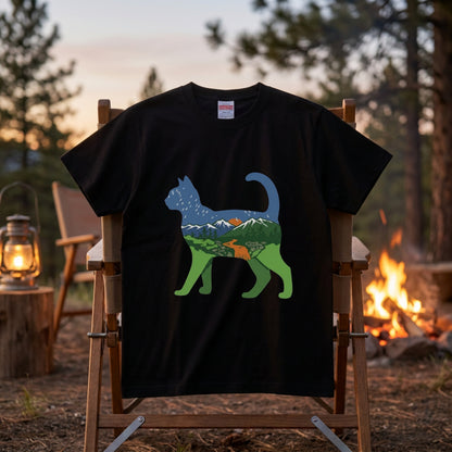 猫と自然風景ダブルエスポージャーTシャツ | CAMPMODE