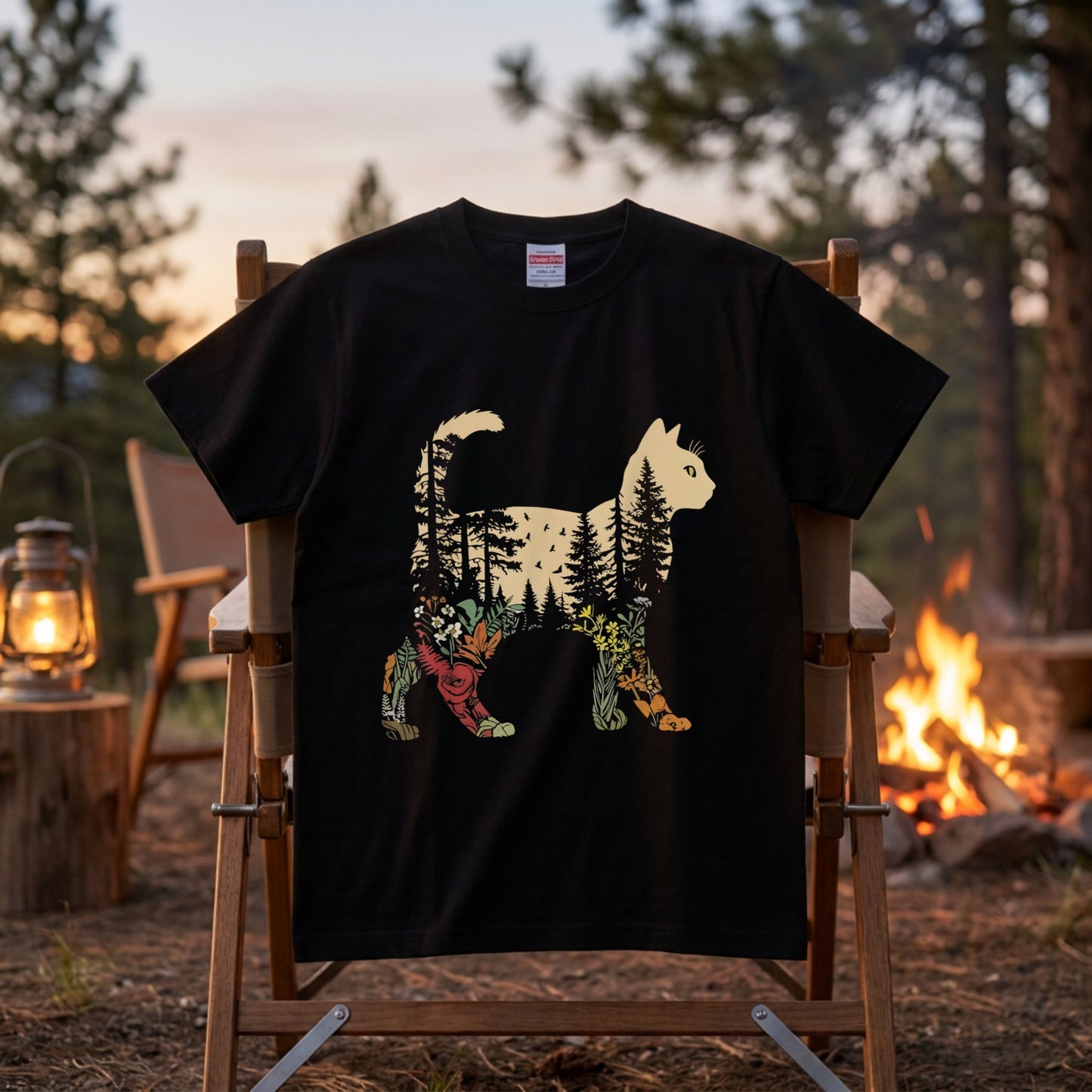 猫と森の植物 Tシャツ ｜ 猫好き・ボタニカル・自然・アウトドア・おしゃれに人気