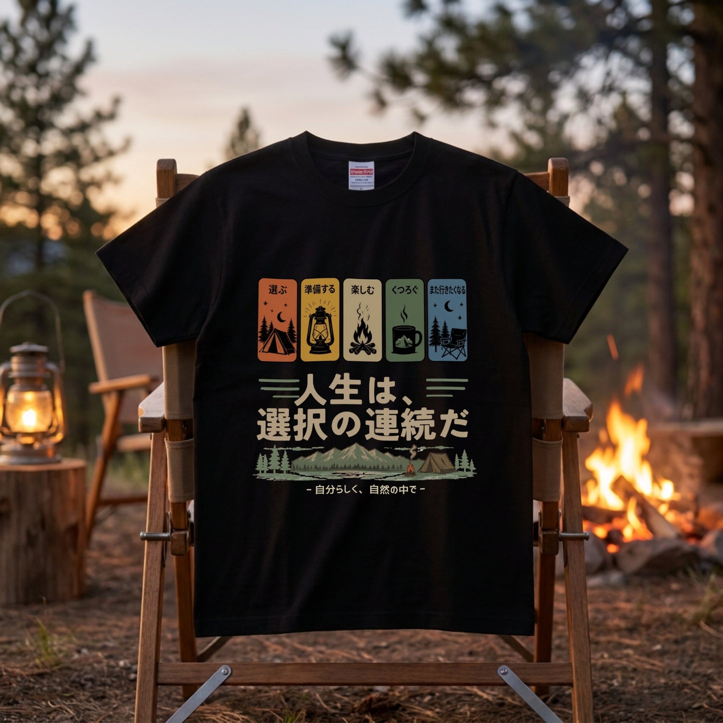 自分らしく、自然の中で。おしゃれな日本語カンジ黒Tシャツ | CAMPMODE