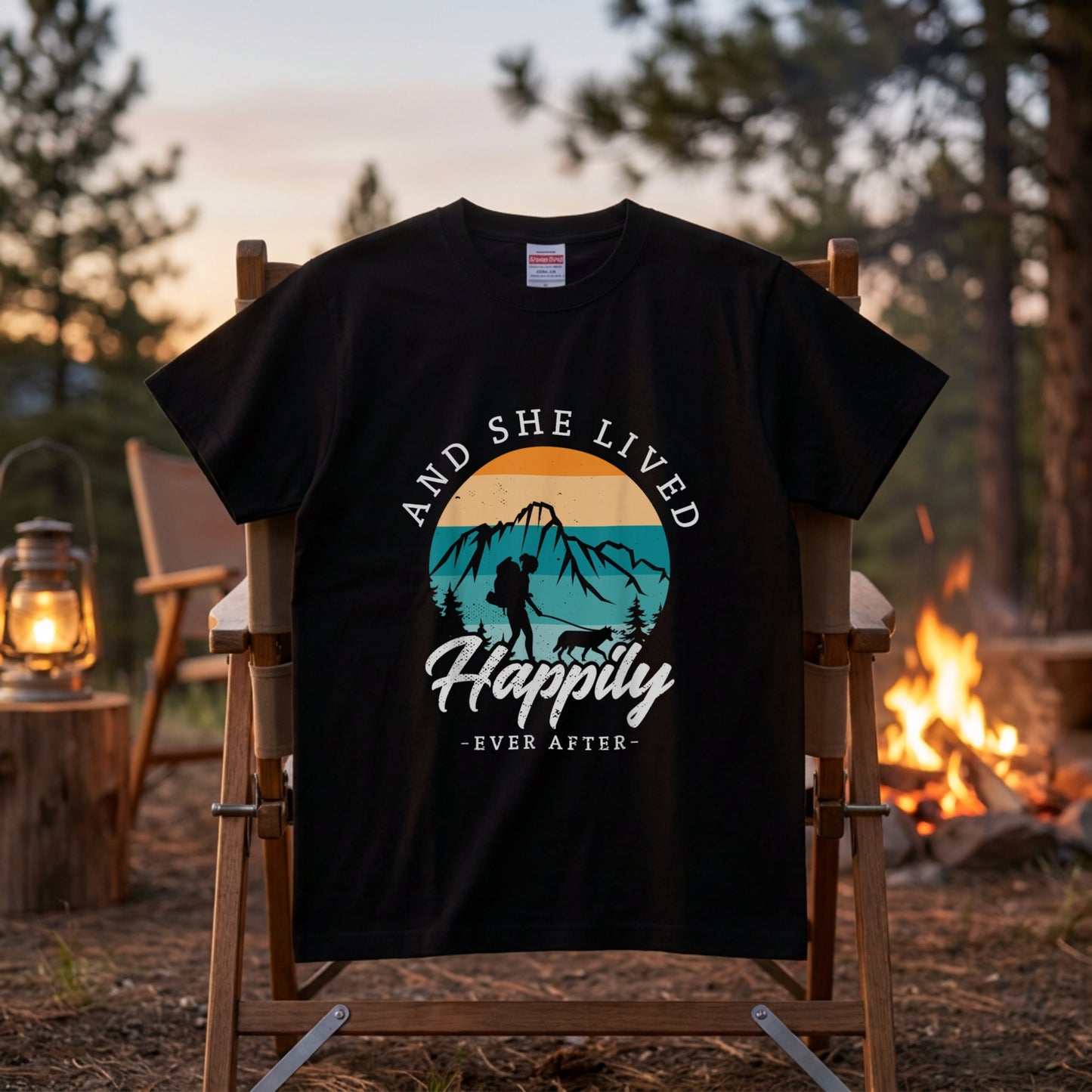 【And She Lived Happily】女性ハイカー＆愛犬 レトロサンセット 黒Tシャツ | CAMPMODE