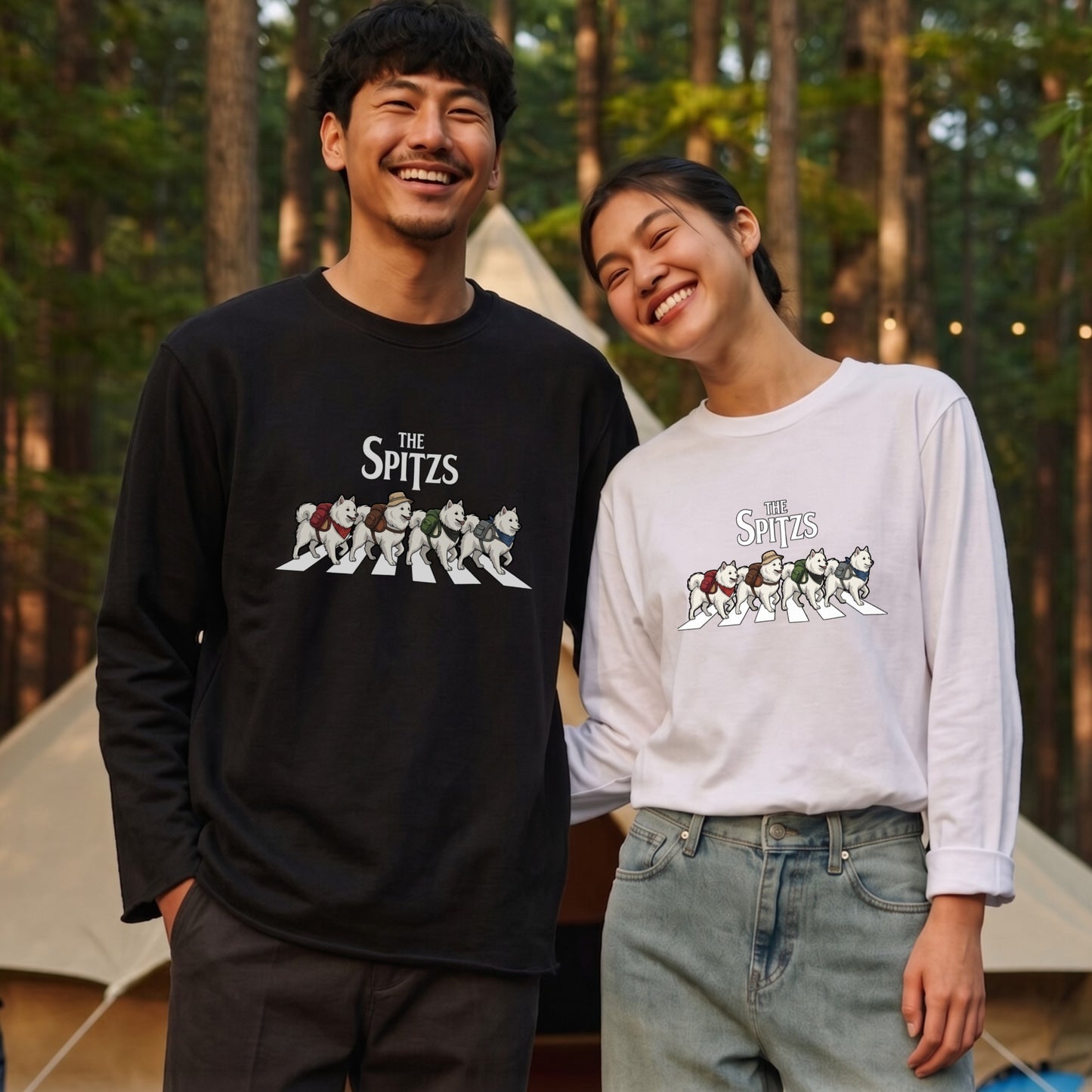 THE SPITZS 日本スピッツ散歩デザイン ブラック長袖Tシャツ