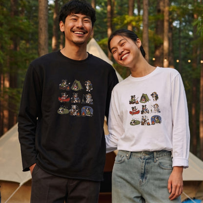AUSTRALIAN SHEPHERD CAMP | 手描き風 オージー キャンプギア かわいい グラフィック 長袖Tシャツ【犬雑貨・秋キャンプ・ルームウェア・ギフトに最適】
