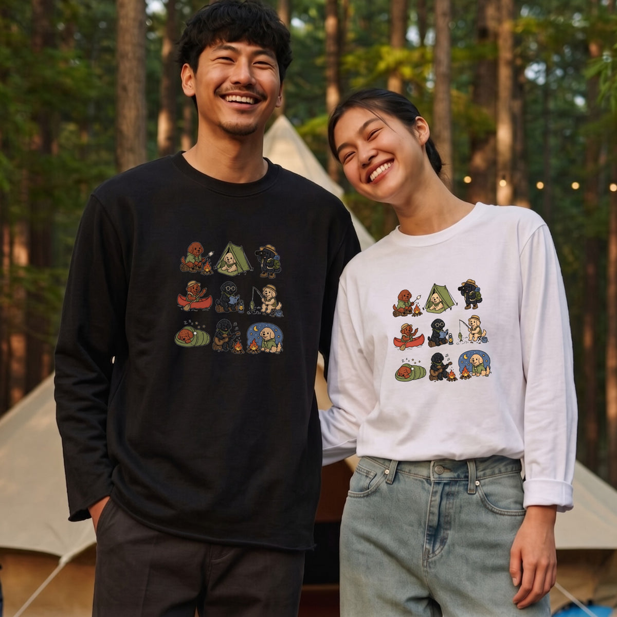 POODLE CAMP | 手描き風 トイプードル キャンプギア かわいい グラフィック 長袖Tシャツ【犬雑貨・秋キャンプ・ルームウェア・ギフトに最適】