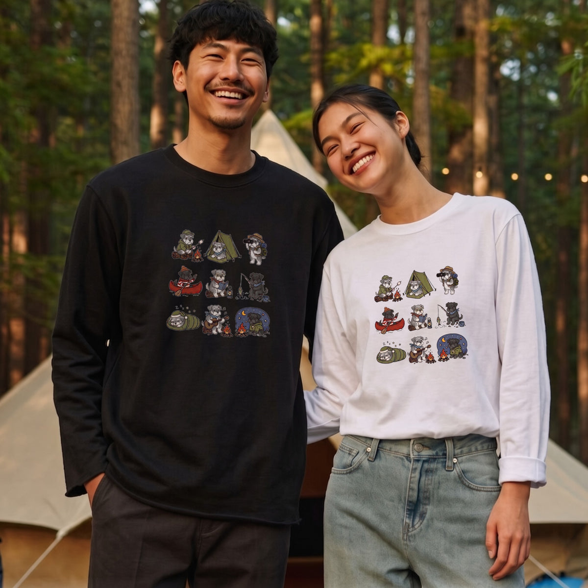 SCHNAUZER CAMP | 手描き風 シュナウザー キャンプギア かわいい グラフィック 長袖Tシャツ【犬雑貨・秋キャンプ・ルームウェア・ギフトに最適】