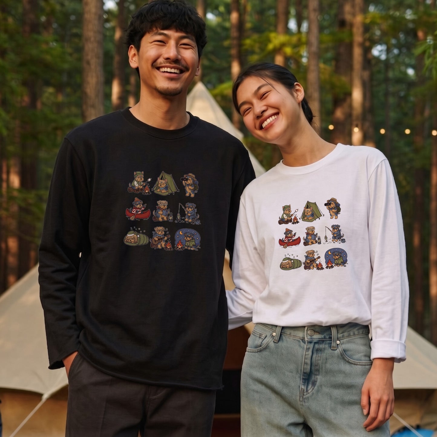 YORKIE CAMP | 手描き風 ヨーキー キャンプギア かわいい グラフィック 長袖Tシャツ【犬雑貨・秋キャンプ・ルームウェア・ギフトに最適】