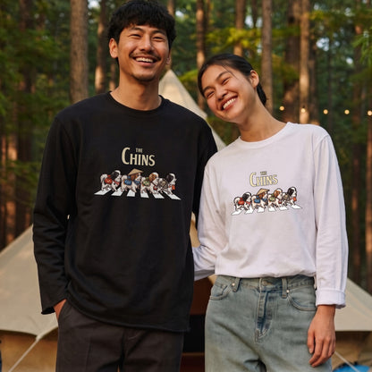 THE CHINS 狆（ちん）散歩デザイン ブラック長袖Tシャツ